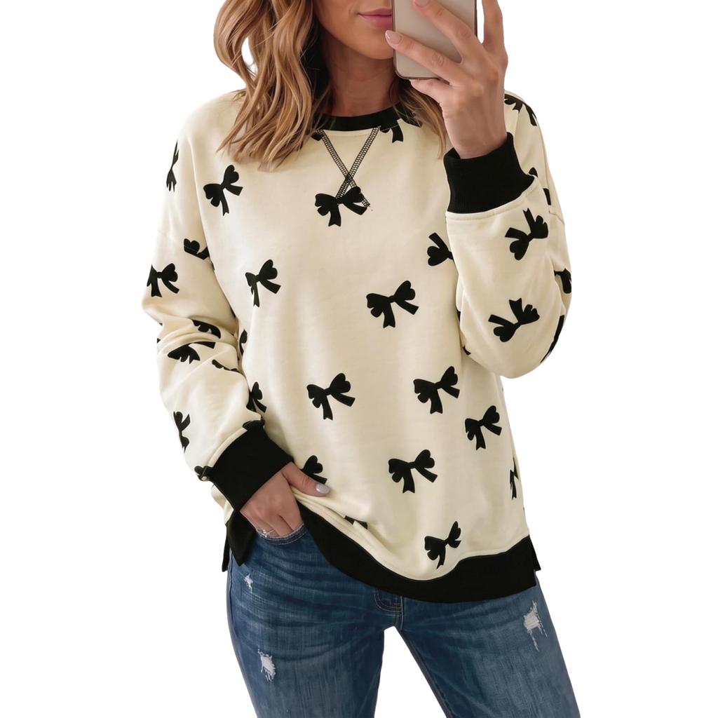 Women's Casual Long Sleeve Round Neck Sweatshirt with Leopard Polka Dot Print