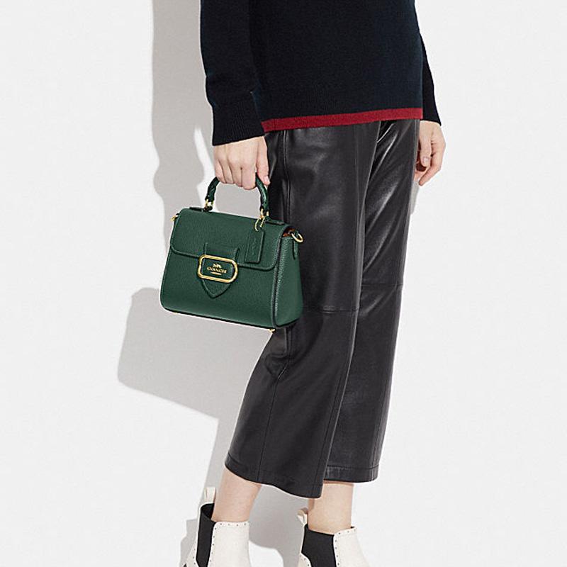 Coach 21 Solid Color Snap Button Flap Closure Cow Leather Shoulder Crossbody Handbag Small Size Women's Dark Green
