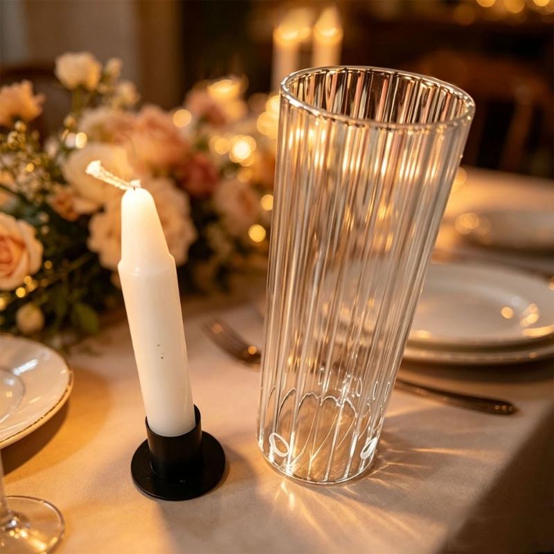 Clear Glass Candlestick Cover With Ribbed Texture Open Ended Candle Holders Sleeve Shade for Dining Table Candle Display, Mantels Styling, and