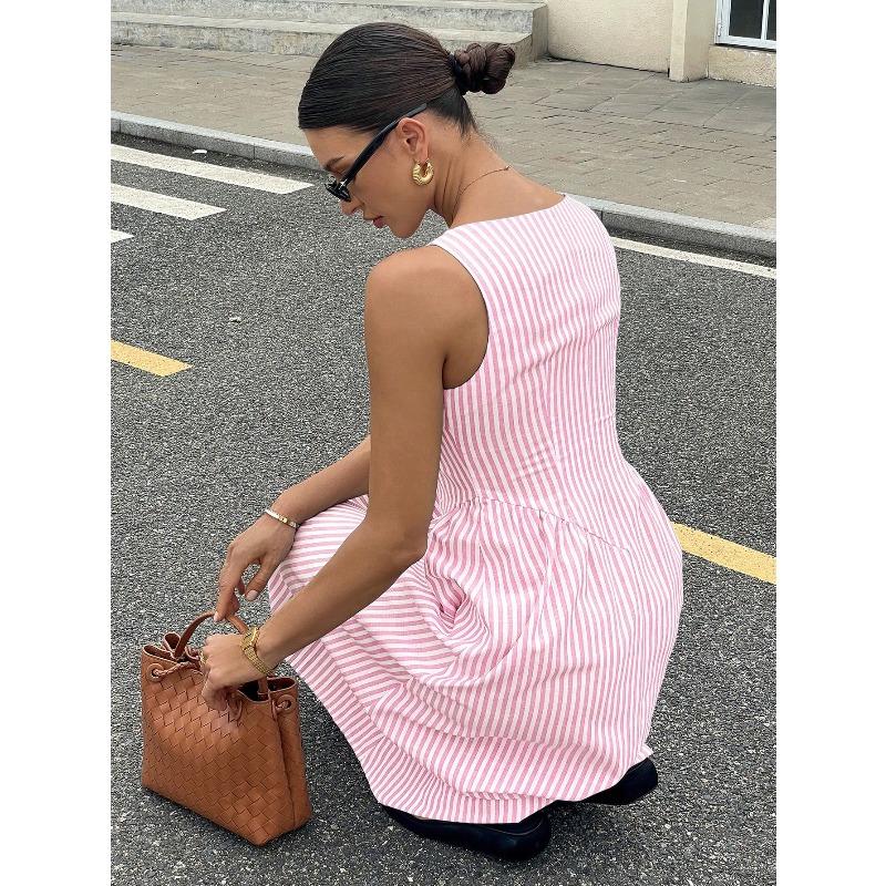 YYFS Women's Fashion Summer Spring Stripe Print Sleeveless Square Collar High Waist Casual Dresses