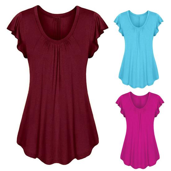 Frauen Einfarbig U-ausschnitt Kurze Rüschen Ärmel Bottoming Top T-shirt Bluse