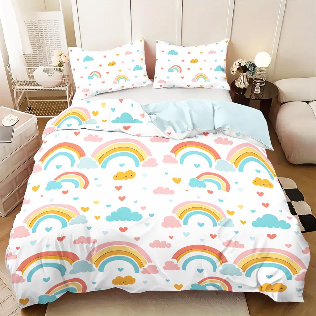 3Pcs (1 Quilt Cover 2 Pillowcases No Core) Colorful And Cute Rainbow Element Printed Bedding Set Soft And Comfortable