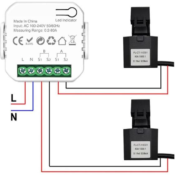WiFi Smart Single/Dual Channel Energy Meter with Buzzer Alarm and App Alarm, Setable Threshold 1/2 Clamp 80A - Bidirectional, Smart Life App Control
