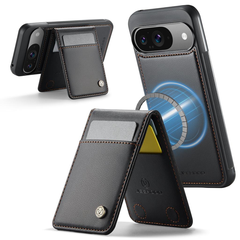 For Google Pixel 9 Pro/Google Pixel 9 Leather Back Cover Compatible with MagSafe JEEHOOD J06 Phone Case with Card Bag RFID Blocking