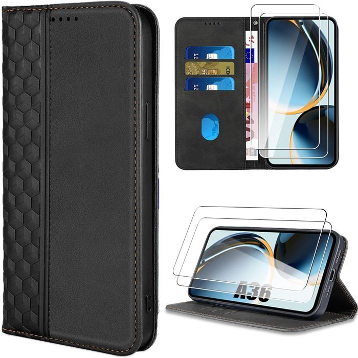 Coque - BOOLING - pour Samsung Galaxy A36 5G/A56 5G - Cuir Synthétique Noir Motif Mosaïque - 2 Verres Trempés