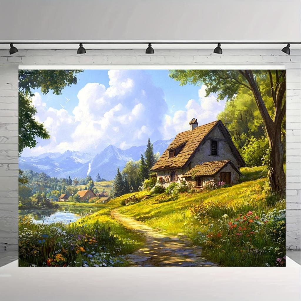 2D plane 1 piece of colorful village landscape background fabric suitable for homes gardens studios and outdoors