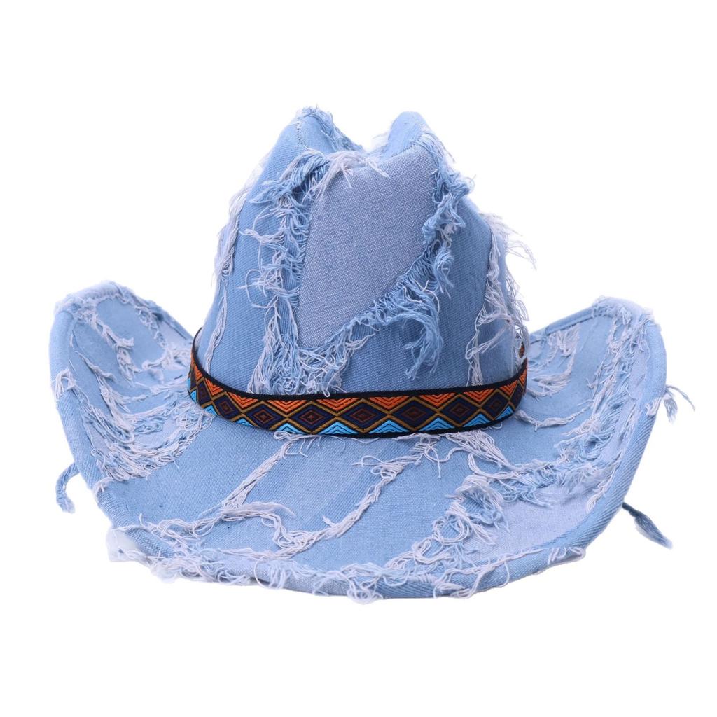 Denim One-Word Top Top Top Hat Jazz Hat Ripped Retro Western Cowboy Hat