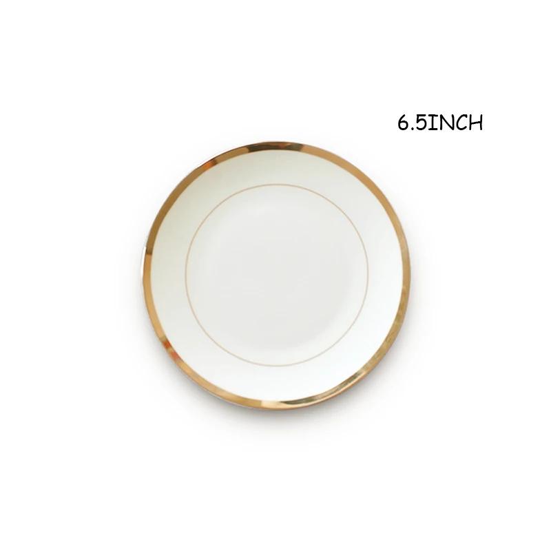 Ceramic Plate Dinner Tray Vajillas Circular White Gold Rim Plate Restaurant Dinnerware Dish Tableware Plate Steak Flat Dish 1pcs