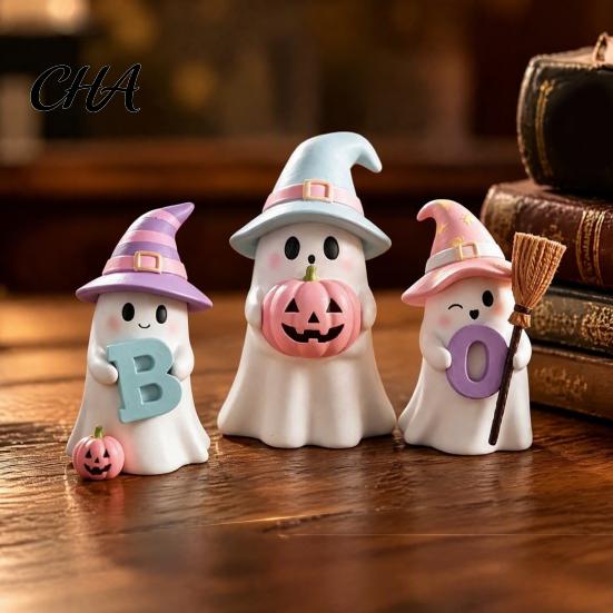 Unique Halloween Holiday Gifts 3Pcs Pink Ghost Figurines, Cute Spooky Resin Desk Decor with Pumpkin Boo Letter Ornaments BOO Letter, Sweet Tabletop