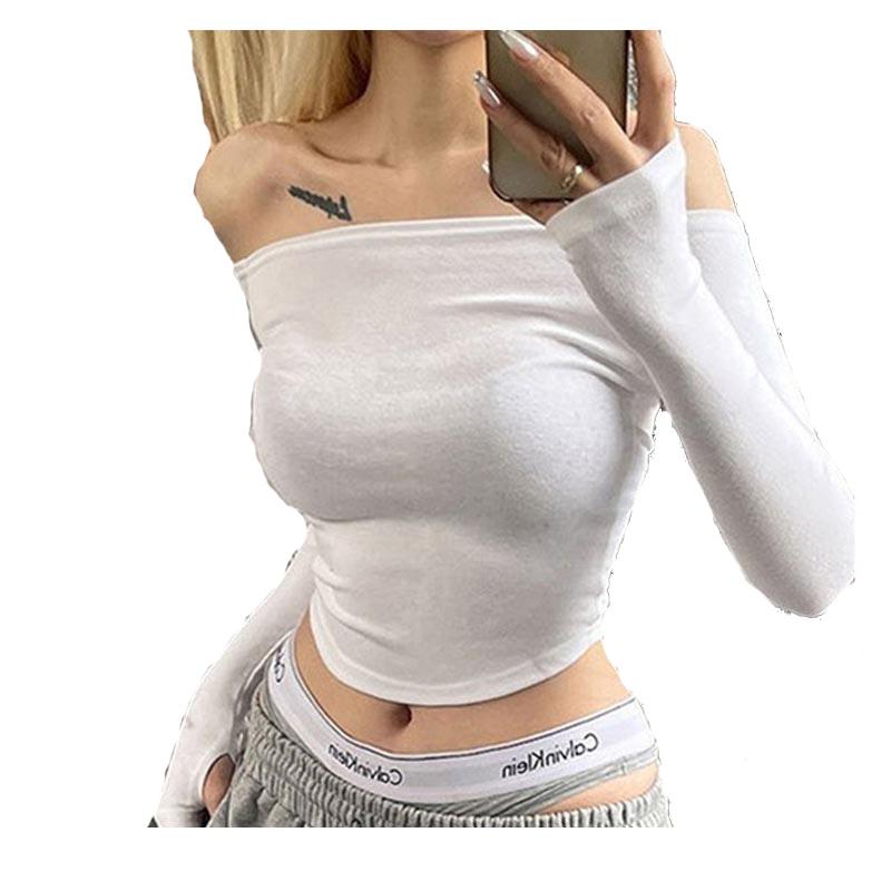 Sexy Slash Neck T Shirt Women Cotton Long Sleeves Cropped Tee Shirt Femme Slim T-shirt Female Black White Tops 2025