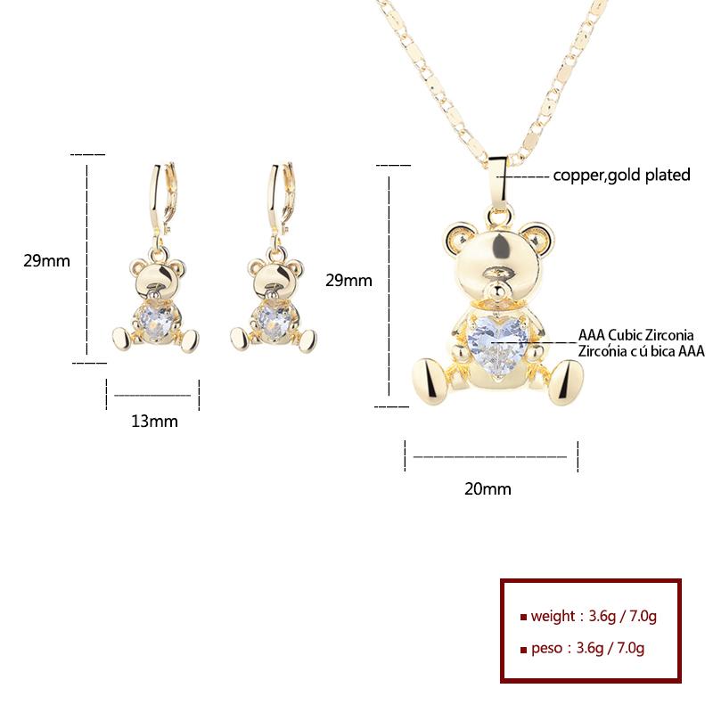 Hengdian Joyeria Chic 18K Gold Plated Brass Earrings Necklace Set With Cute Zircon Bear Design for Women Fashion Jewelry Set