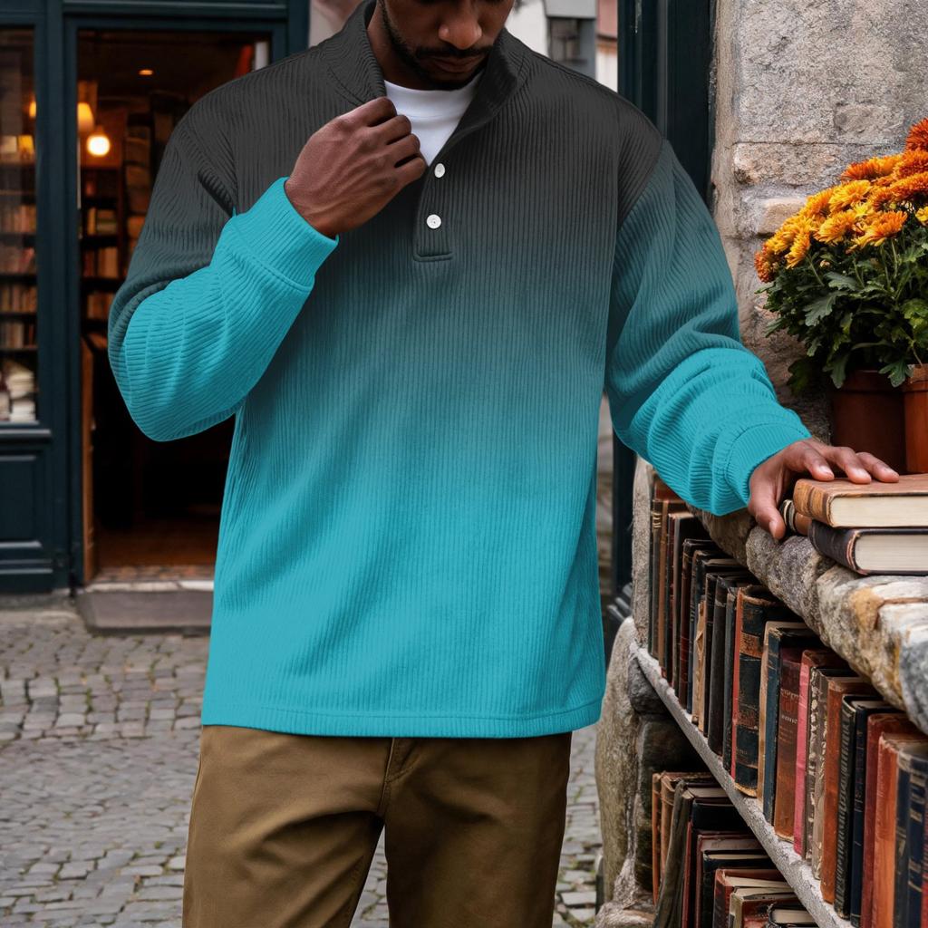 Men's Vintage Corduroy Print Long Sleeve Stand Collar Pocket Casual Top for Everyday Wear