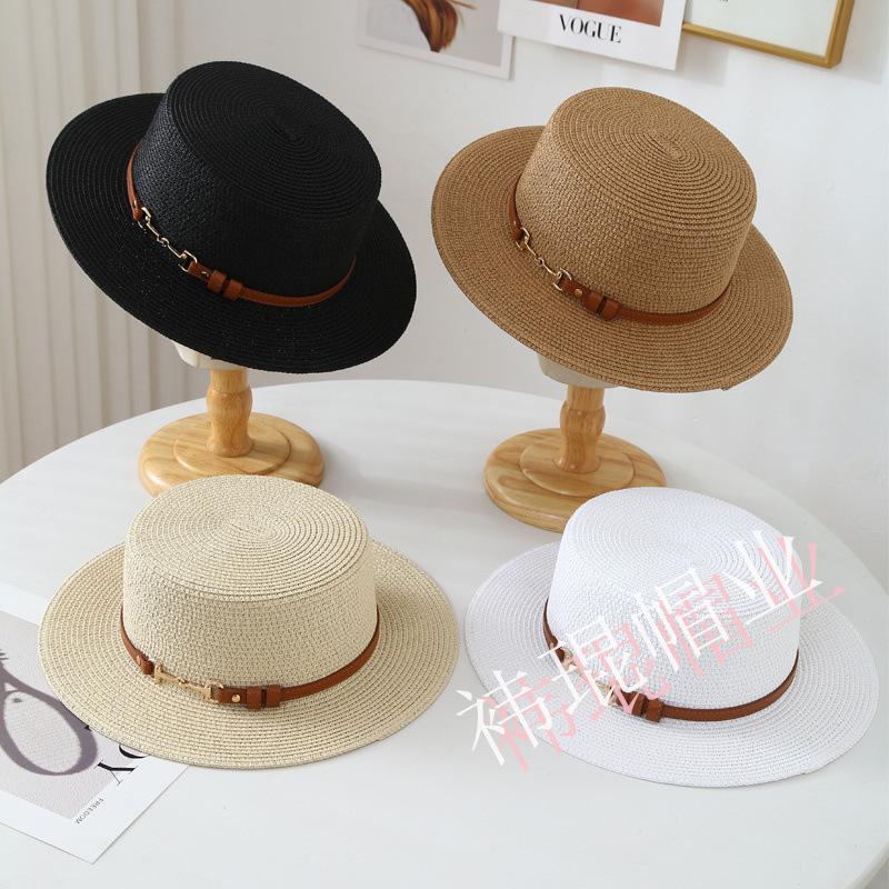 New French Style Flat Top Fashion Belt Decorative Straw Hat Summer Women's Travel Sun Protection Straw Visor Hat