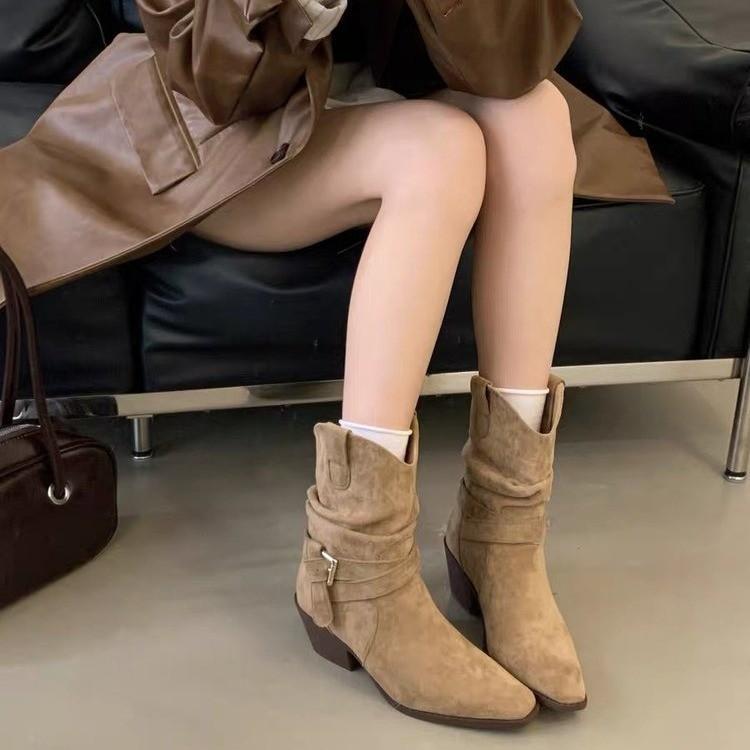Fashion Woman  Suede Boots Fashion Slip on Ladies Elegant Square Heel  Retro Pointed Toe Women's Mid Calf  Boots Shoes Winter Footwear 9