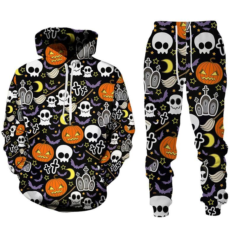 Halloween Kürbisdruck Trainingsanzug Set Herren Hoodie und Jogginghose Zweiteiliges Set Mode Street Trend Festival Jogginganzüge