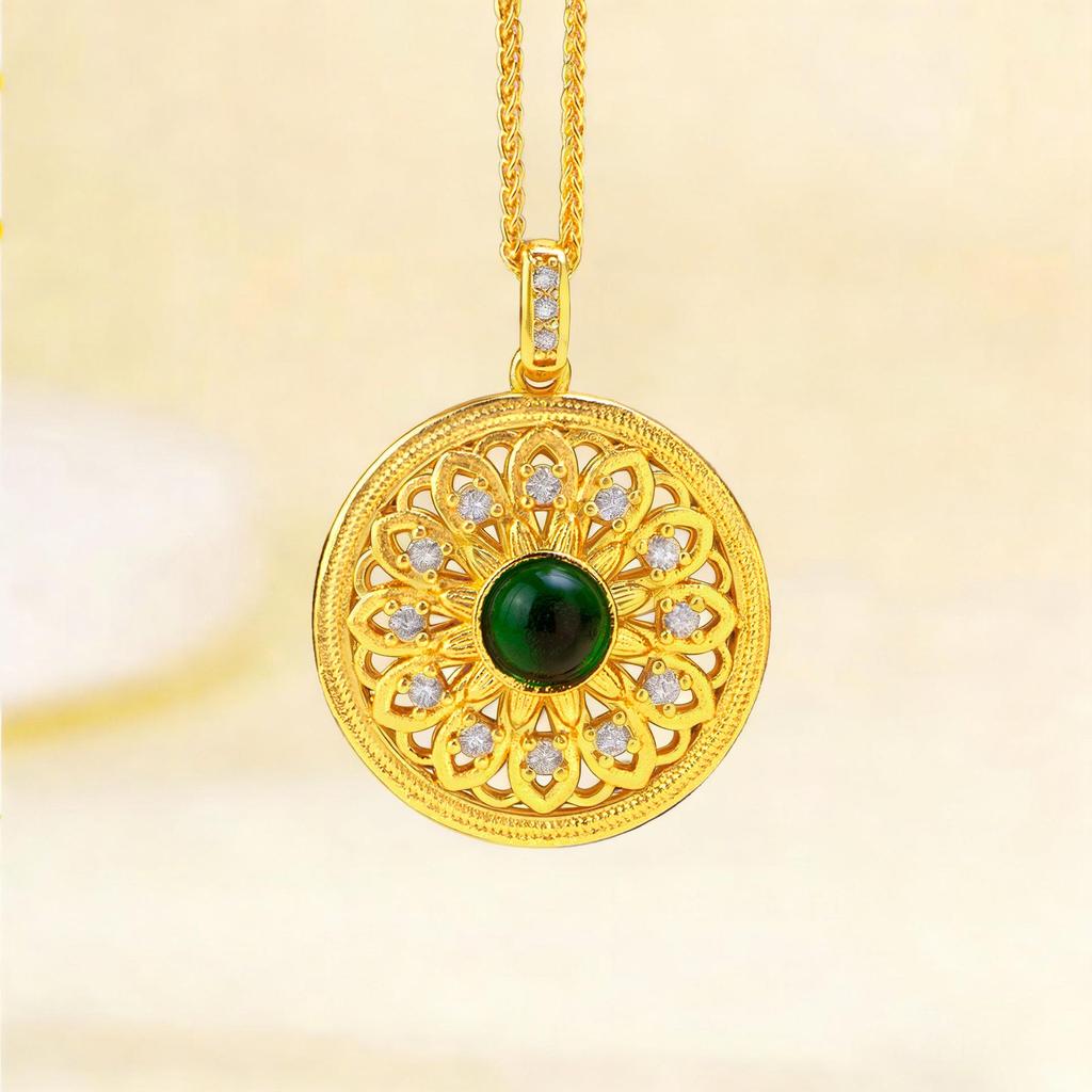 Sand Gold Sunflower Pendant with Rhinestones & Green Stone - Versatile Retro Clavicle Chain