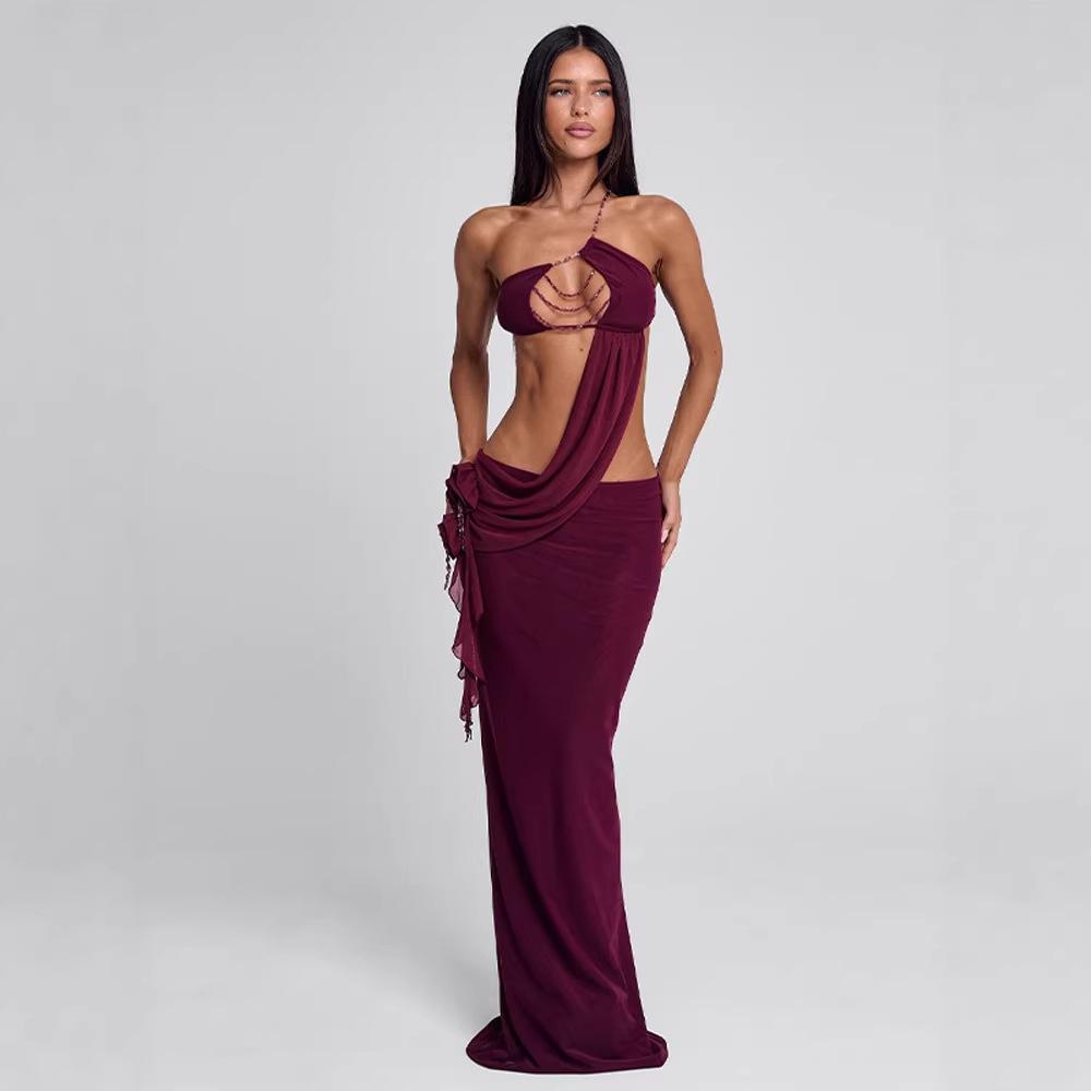 2026 Spring Women s Beaded Asymmetrical Neckline Ruffle Dress Small вино красного