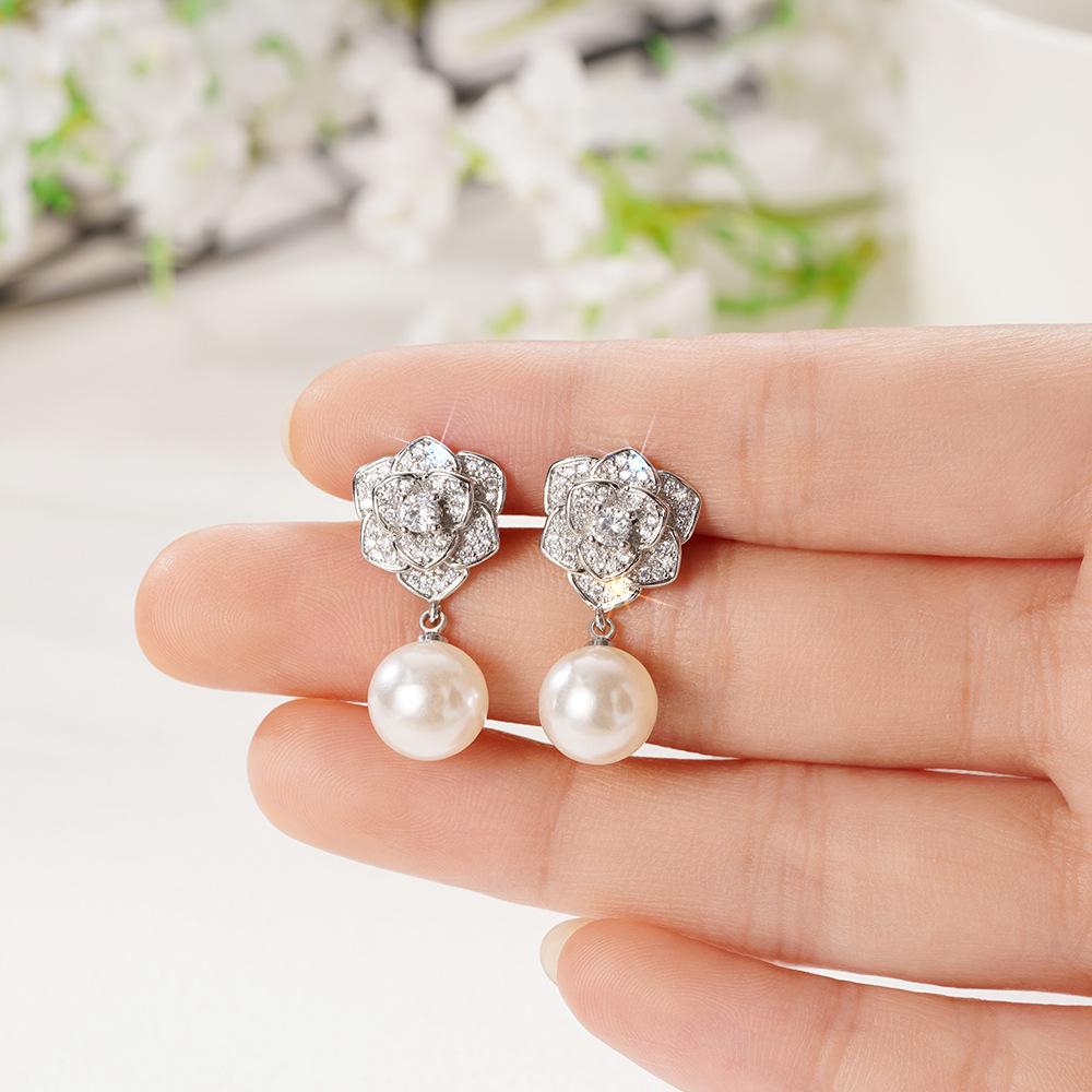 Full Pave CZ Camellia Flower Pearl Dangle Earrings Silver Tone Round Gloss Imitation Pearl Wedding Bridal Jewelry Gift