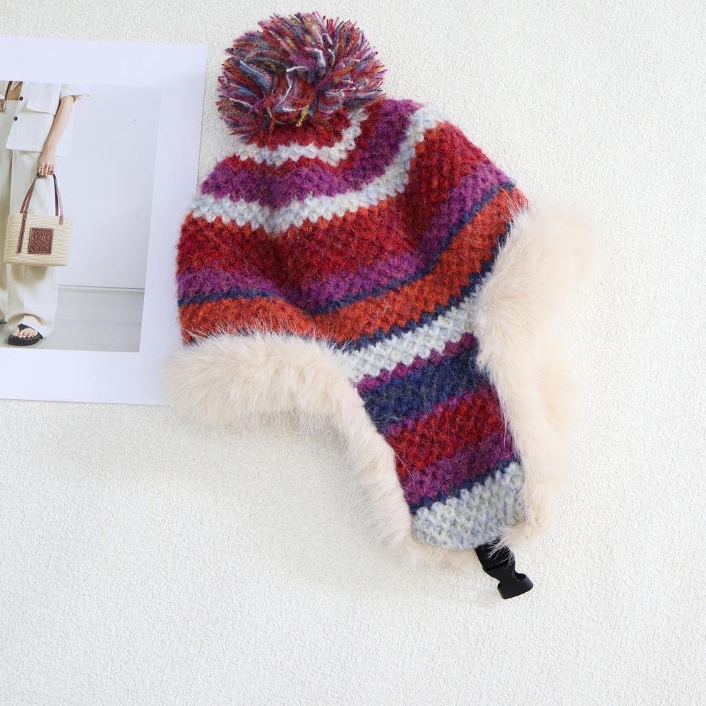 Striped Knitted Lei Feng Hat Women's Winter Thickened Warm Ear Protection Hat Cycling Windproof Plush Hat