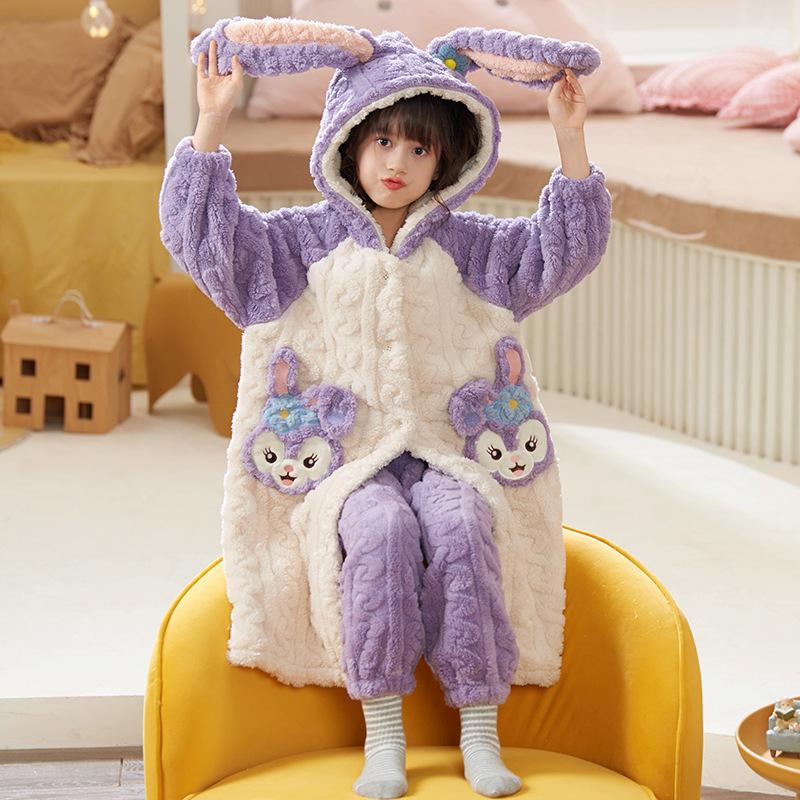Kids Flannel Pajamas Set Boys Girls Warm Long Sleeve Top And Pants Sleepwear Winter Home Nightwear