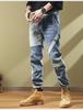 Men's Blue Multi-Pocket Slim-Fit Jeans with Elastic Patchwork - Trendy Autumn/Winter Fashion