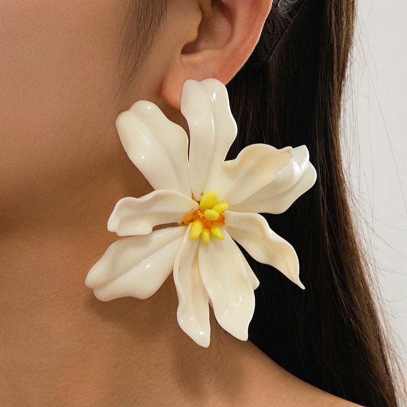 Favorite Toy Women's Purple Vintage Metal Large Flowers Stud Earrings For Girls Exaggerated Red Acrylic Petal Personality Earrings Zircon Accessories