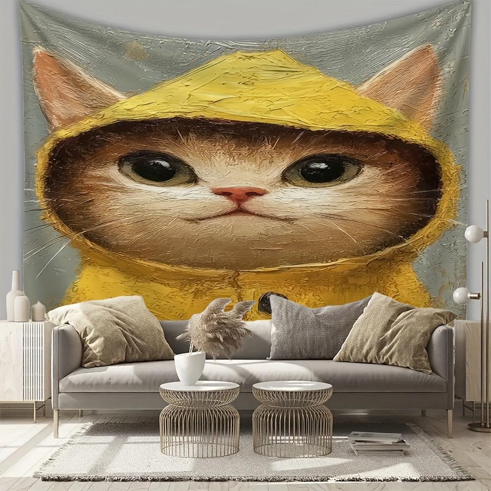 Yellow raincoat tabby cat Digital printing polyester wall tapestry suitable for use in living rooms bedrooms offices bars party 74x94cm(29x37in)