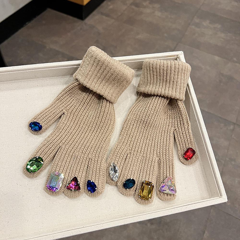Women Winter Warm Knitted Full Finger Gloves Solid Wool Luxury Rhinestone Touch Screen Mittens Female