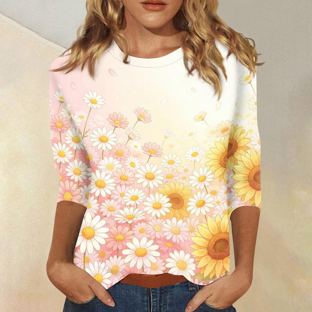 Women's Casual Three Quarter Sleeve Floral Print Round Neck Top Lightweight Comfortable Fit for Everyday Wear