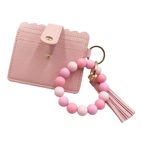 

Silicone Bracelet Keychain Wallet Beaded Wristlet Credit Card Holder with Tassel Slim Card Wallet with ID світло-рожевий колір