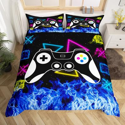 Husă de plapumă pentru gaming Albastru Foc Set de lenjerie de pat pentru gamer Husă de plapumă cu gamepad Microfibră Husă de pătură cu controller de joc Pătură de pat pentru băieți fete