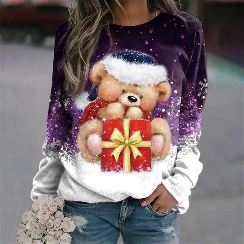 Christmas Snowman Pattern Women Fashion T-Shirts Autumn Winter Long Sleeve Christmas Style 3D Printed Ladies Street Tee Big Size