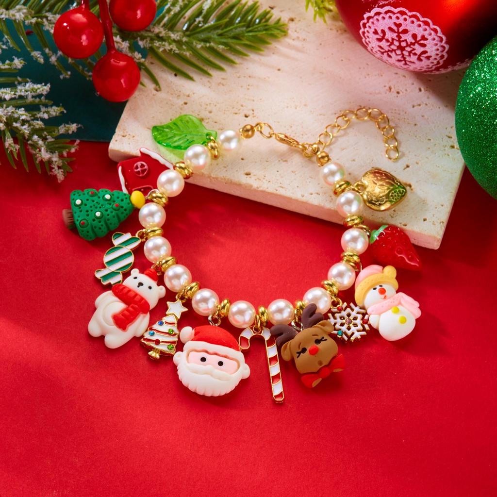Christmas Resin Santa Claus Gingerbread Snowman Bracelets Deer Star Tree Strawberry Imitation Pearl Bangle For Women Men Jewelry