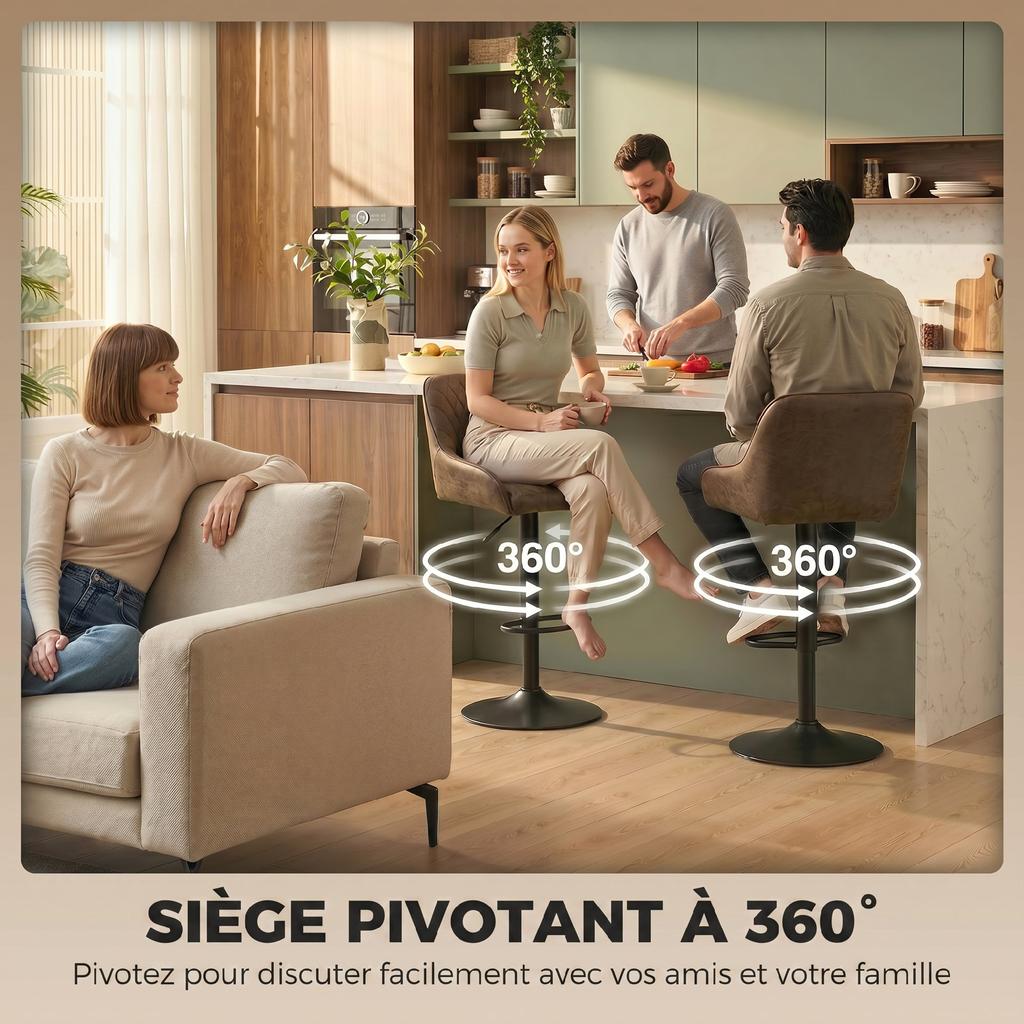 Bar Stools, Set of 2, High Kitchen Stools, Swivel Seat, Adjustable Height, Dark Brown