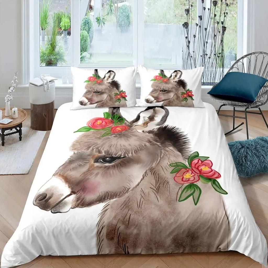 Donkey King Queen Duvet Cover Cartoon Funny Donkey Bedding Set Farmhouse Animal Comforter Cove Sunflower Polyester Quilt Cover