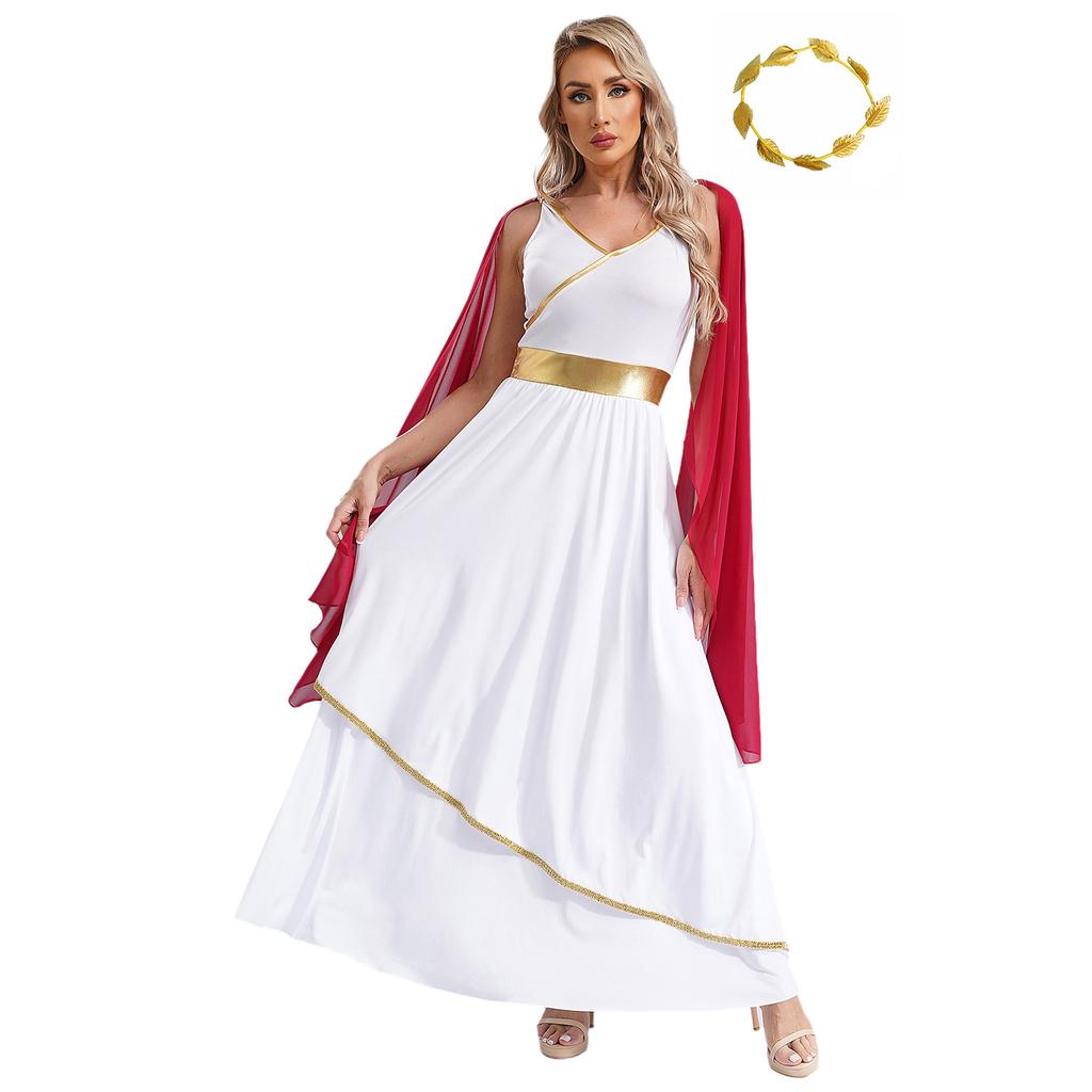 Womens Ancient Greek Roman Queen Costume V Neck Sleeveless Gold Trim Toga Dress Artificial Leaf Garland Headwear