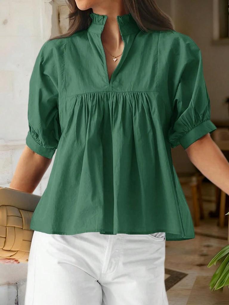 Women's Puff Sleeve V Neck Babydoll Blouse Peplum Pleated Loose Dressy Casual Top