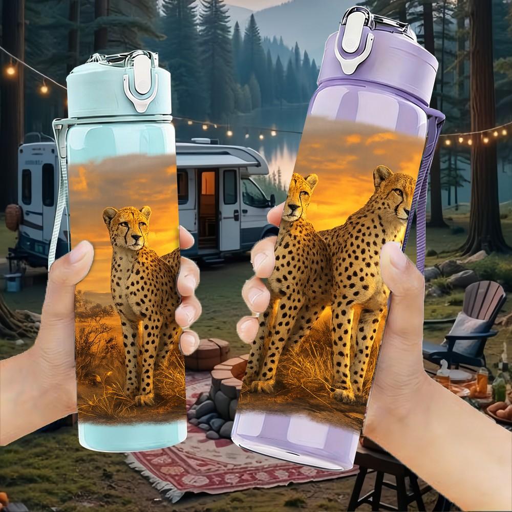 1PC Savanna Cheetah Portrait 750ml Color Plastic Sports Water Bottle Leakproof Flip Straw Lid Suitable for Sports Office Home Use