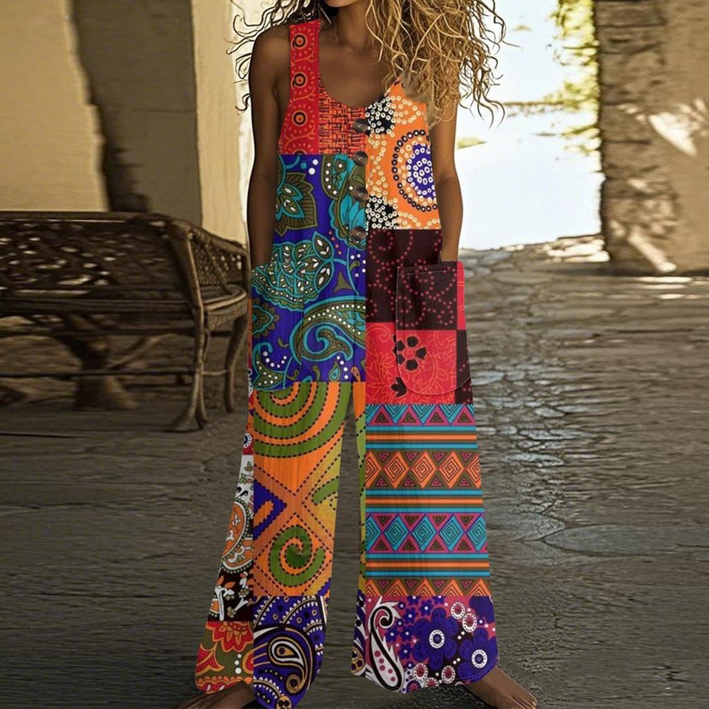 Women's Fashion Casual Button-down Sleeved Jumpsuit Retro Color Block Stitching Printed Cotton Pocket Jumpsuit