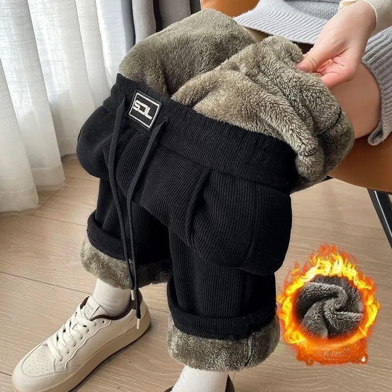 Autumn Winter Korean Fashion Fleece Women Thicken Pants Corduroy Solid Color Drawstring Elastic Waist Casual Warm Straight Full Trousers