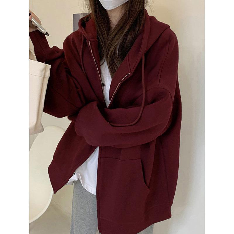 Grey sweater jacket women's thickened, autumn and winter velvet cardigan loose zipper hooded top