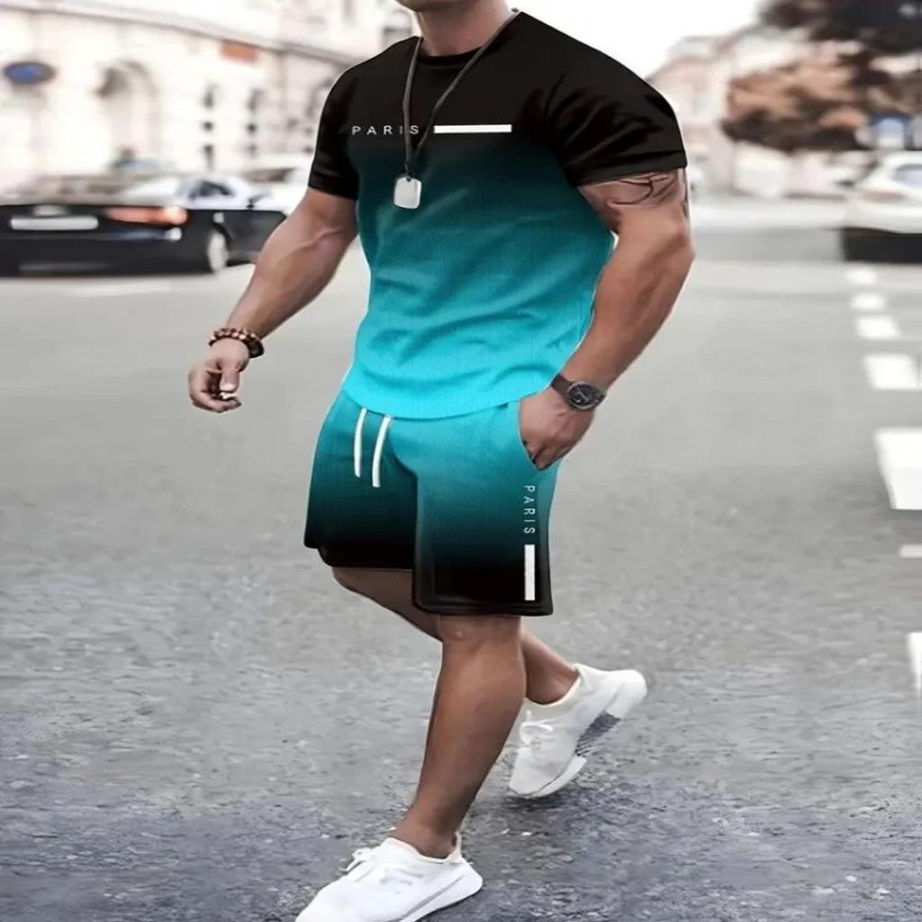 2025 Léto Jednoduchý potisk písmen Pánské tričko s kulatým výstřihem a krátkým rukávem a šortky Harajuku Street fashion pánské oblečení ležérní