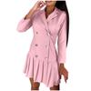 Women's Fashion Long Sleeve Colour Button V-Neck Slim Pleated Career Dresses