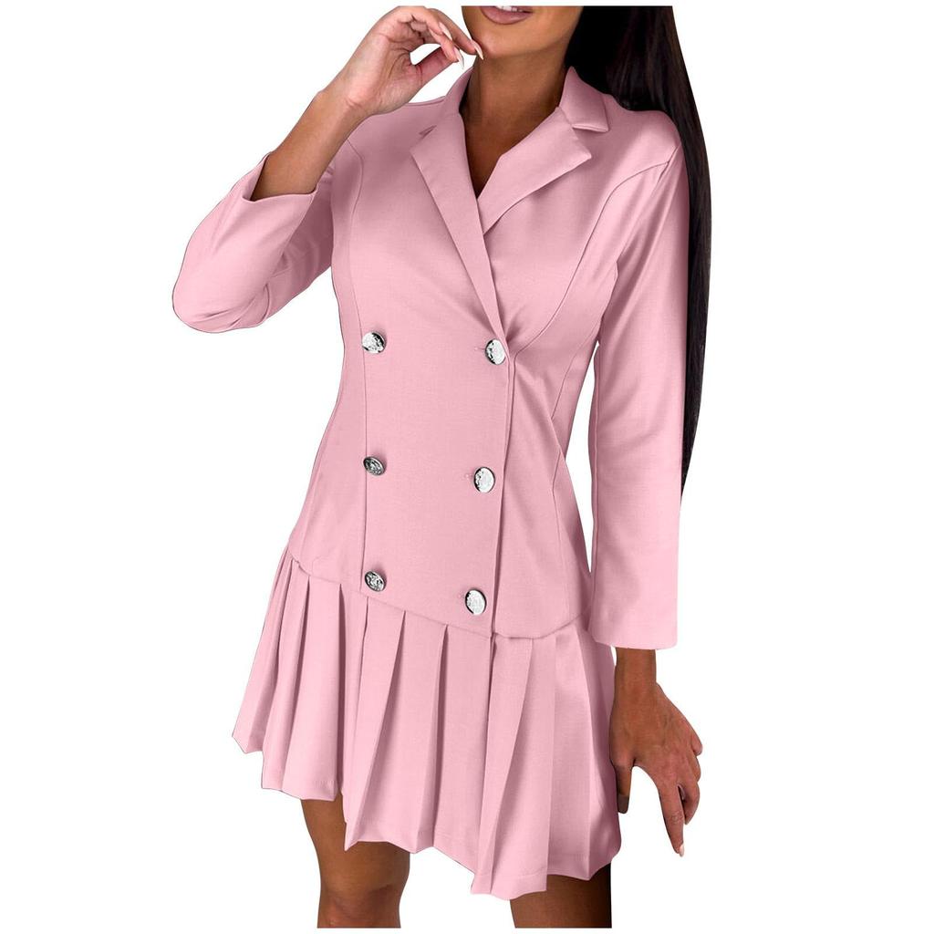 Women's Fashion Long Sleeve Colour Button V-Neck Slim Pleated Career Dresses