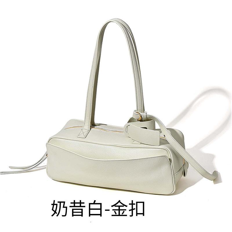 New Bowling Bag Simple and Fashionable First Layer Cowhide Messenger Women's Bag Baguette Bag