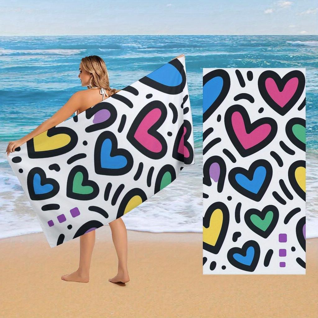 Large Quick-Dry Beach Towel - Super Absorbent Microfiber Bath & Pool Towel with Vibrant Hearts Pattern In Blue,Pink,Yellow,Green