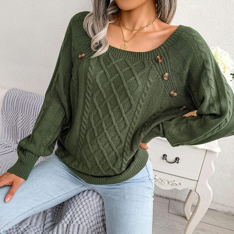 Europe and The United States Women's Fall and Winter Loose Casual Square Neck Pin Buckle Twist Knit Pullover Sweater