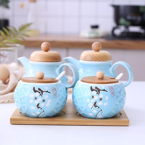 Ceramics Can Leakproof Tank Seasoning Bottle Kitchen Supplies Household Soy Sauce Bottle Vinegar Bottle Set Salt Shaker with Lid