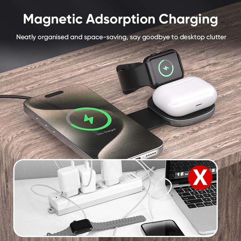 3 in 1 Super Mini Folding Wireless Charger Travel Charger for IPhone 12-16, for Watch S2-S10,Ultra,SE1-3, for Airpods Pro 1/2