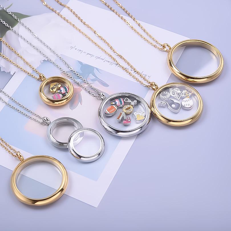 1Pc Stainless Steel Openable Glass Medaillon Coin Holder Collar Jewelry Round Reliquary Photo Floating Locket Pendant Necklaces